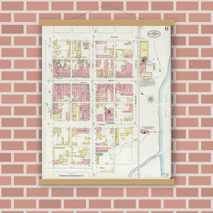 Old map wall art mockup — magnetic wood frame on brick wall — Sanborn Fire Insurance Map from Mount Vernon, Posey County, Indiana (1899), Sheet #0006