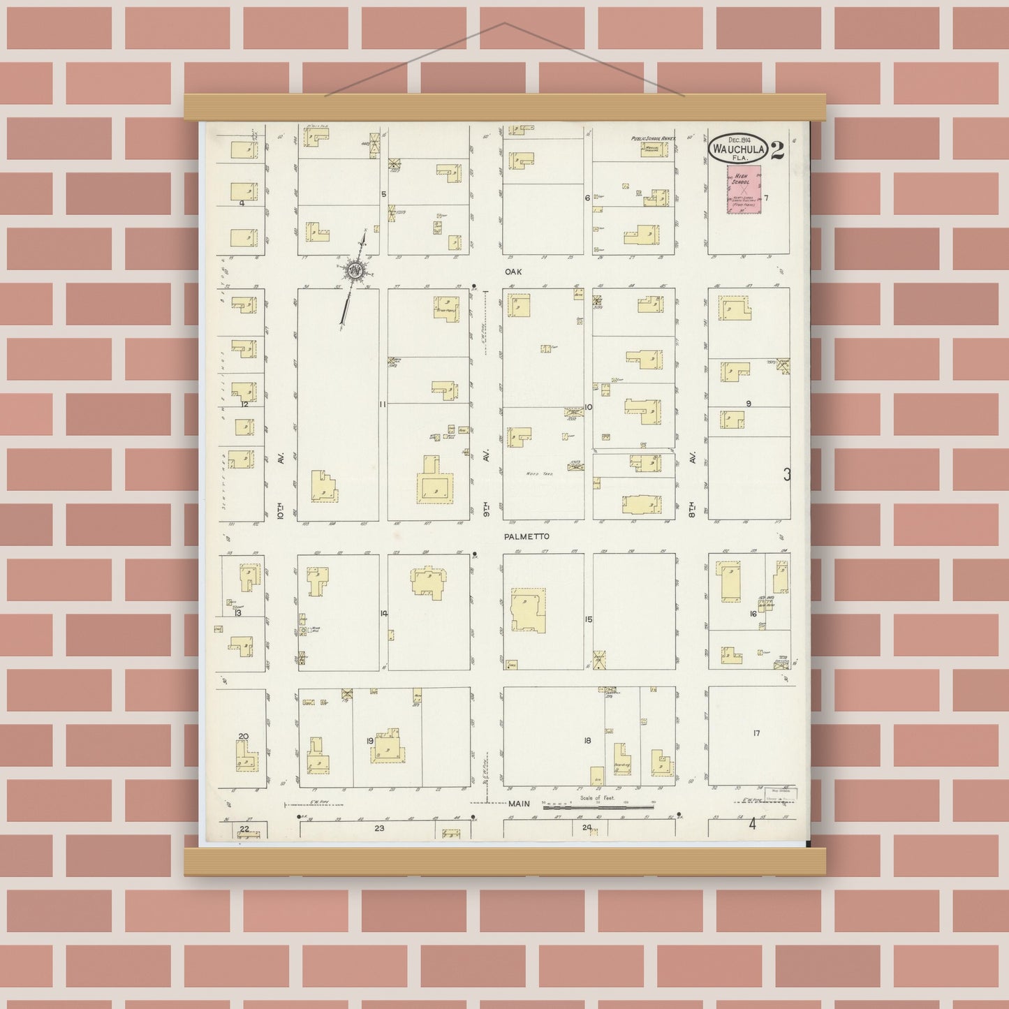 Old map wall art mockup — magnetic wood frame on brick wall — Sanborn Fire Insurance Map from Wauchula, Hardee County, Florida (1914), Sheet #0002