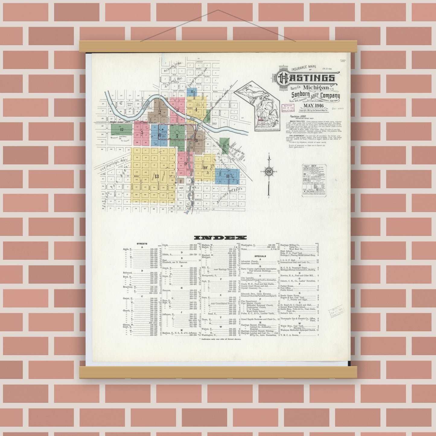 Old map wall art mockup — magnetic wood frame on brick wall — Sanborn Fire Insurance Map from Hastings, Barry County, Michigan (1916) - Complete Map Set