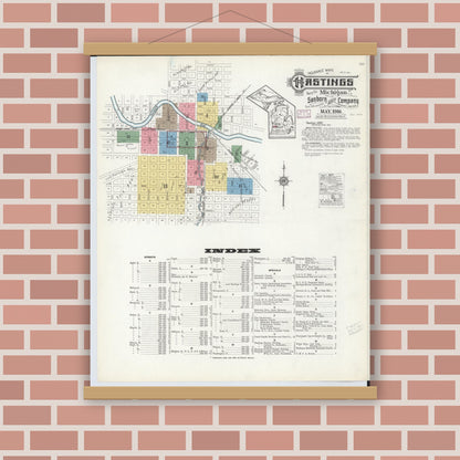 Old map wall art mockup — magnetic wood frame on brick wall — Sanborn Fire Insurance Map from Hastings, Barry County, Michigan (1916) - Complete Map Set