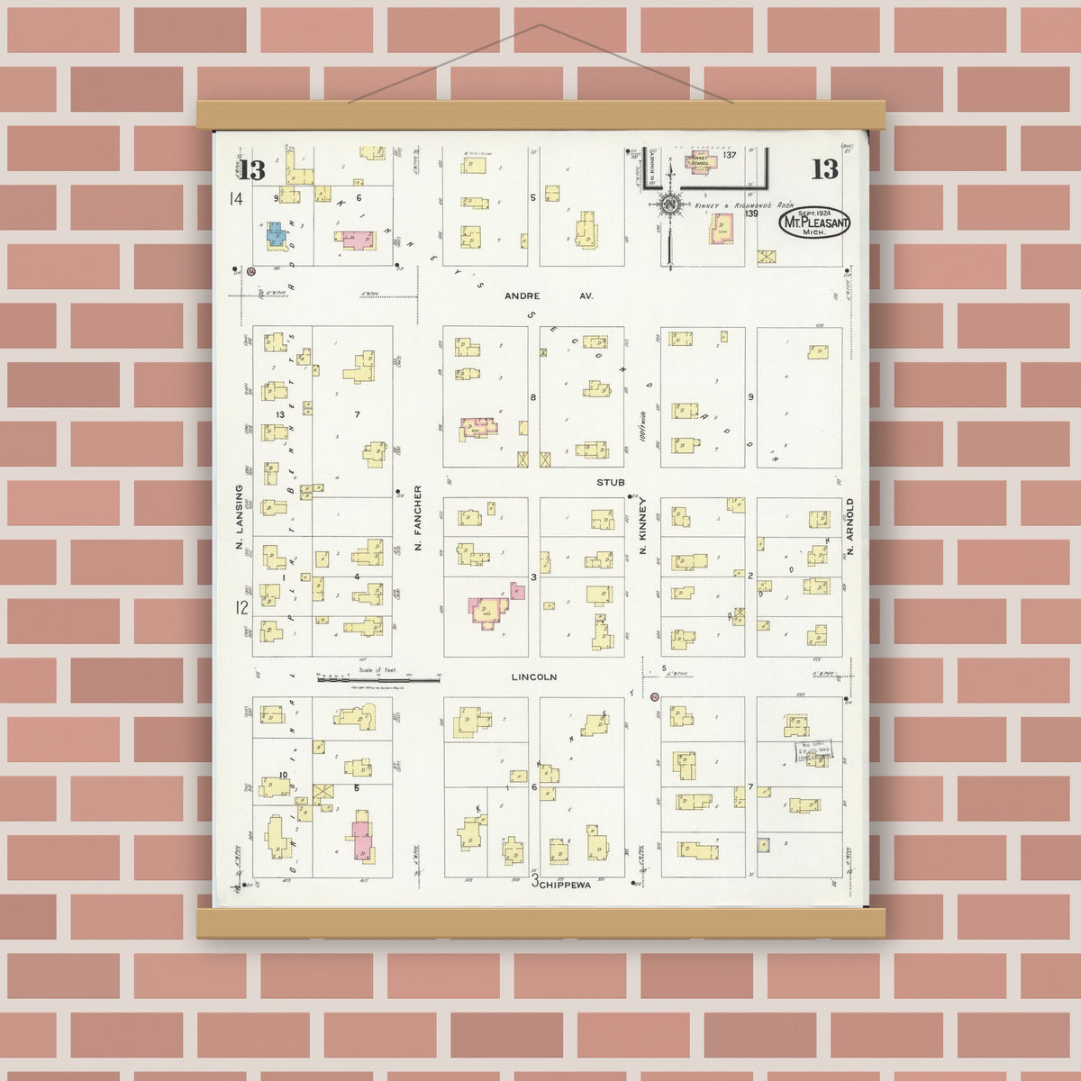 Old map wall art mockup — magnetic wood frame on brick wall — Sanborn Fire Insurance Map from Mount Pleasant, Isabella County, Michigan (1924), Sheet #0013