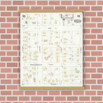 Old map wall art mockup — magnetic wood frame on brick wall — Sanborn Fire Insurance Map from Mount Pleasant, Isabella County, Michigan (1924), Sheet #0013