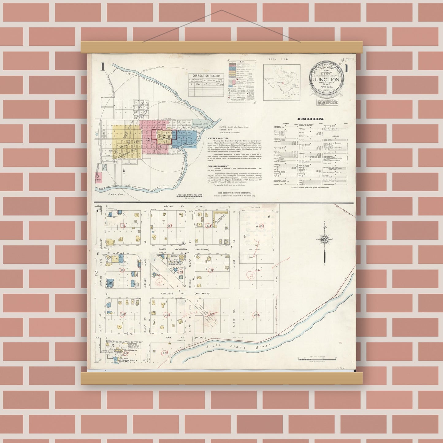 Old map wall art mockup — magnetic wood frame on brick wall — Sanborn Fire Insurance Map from Junction, Kimble County, Texas (1942), Sheet #0001