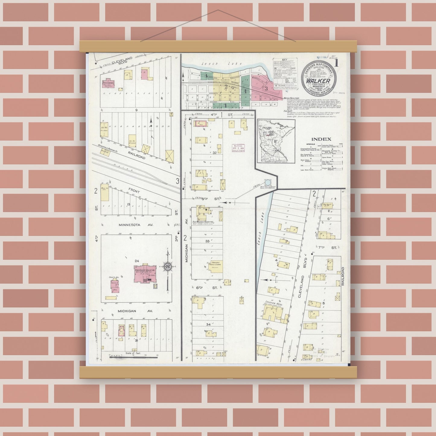 Old map wall art mockup — magnetic wood frame on brick wall — Sanborn Fire Insurance Map from Walker, Cass County, Minnesota (1914), Sheet #0001
