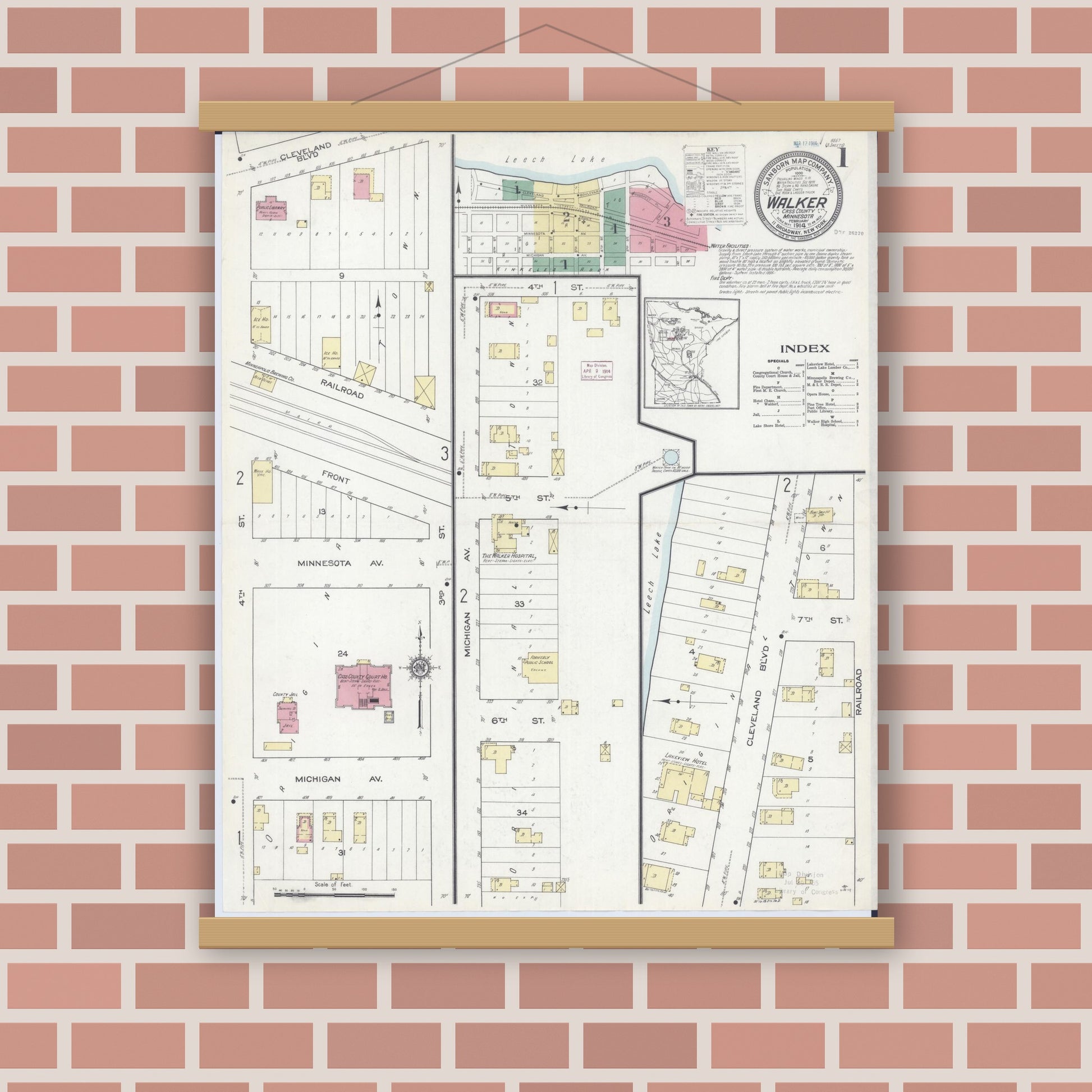Old map wall art mockup — magnetic wood frame on brick wall — Sanborn Fire Insurance Map from Walker, Cass County, Minnesota (1914), Sheet #0001
