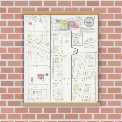 Old map wall art mockup — magnetic wood frame on brick wall — Sanborn Fire Insurance Map from Walker, Cass County, Minnesota (1914), Sheet #0001
