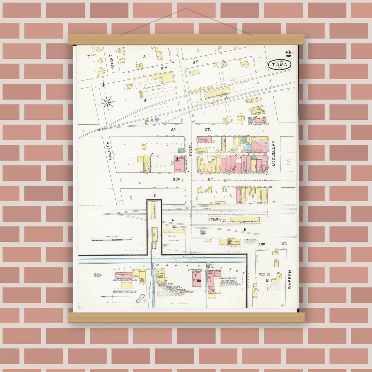 Old map wall art mockup — magnetic wood frame on brick wall — Sanborn Fire Insurance Map from Tama, Tama County, Iowa (1894), Sheet #0002