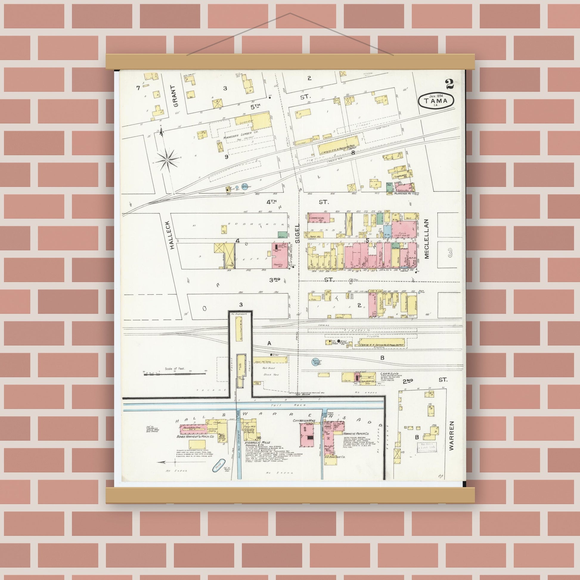 Old map wall art mockup — magnetic wood frame on brick wall — Sanborn Fire Insurance Map from Tama, Tama County, Iowa (1894), Sheet #0002