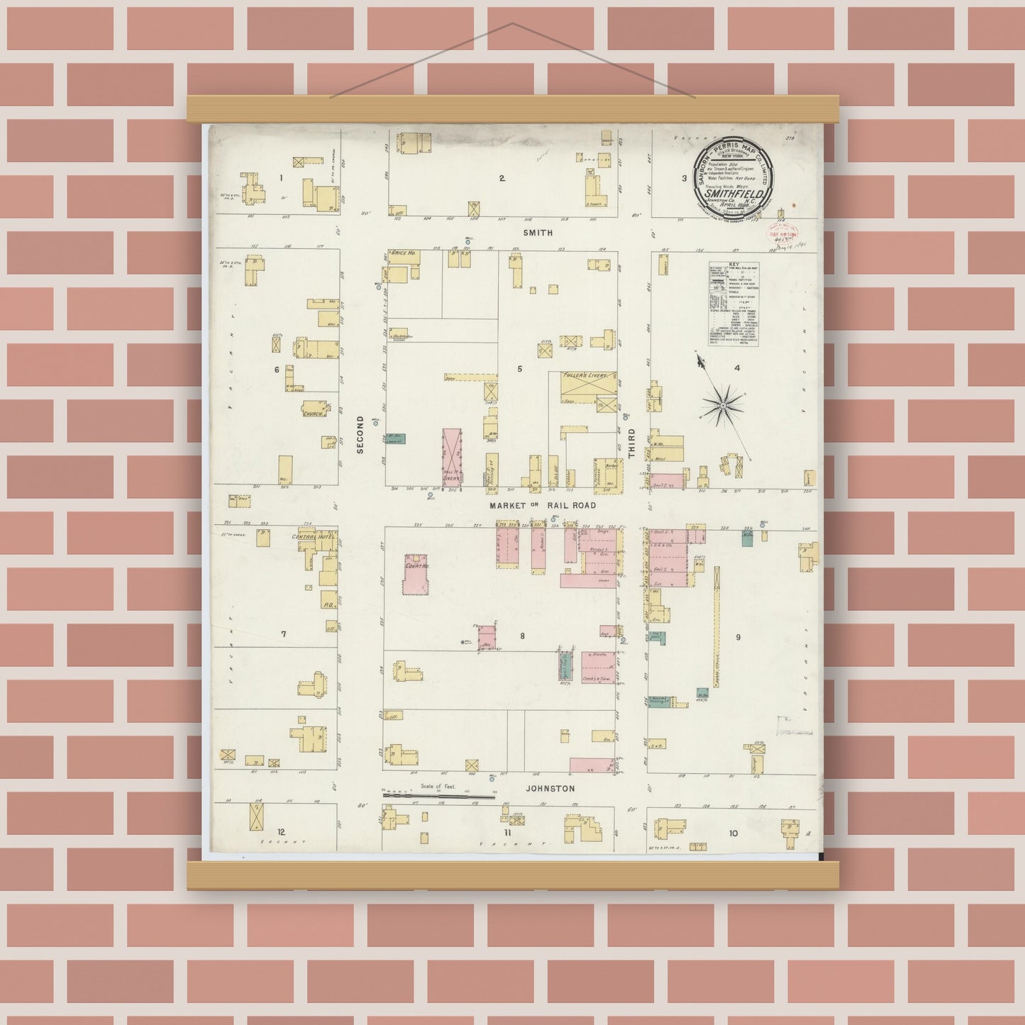 Old map wall art mockup — magnetic wood frame on brick wall — Sanborn Fire Insurance Map from Smithfield, Johnston County, North Carolina (1896), Sheet #0001