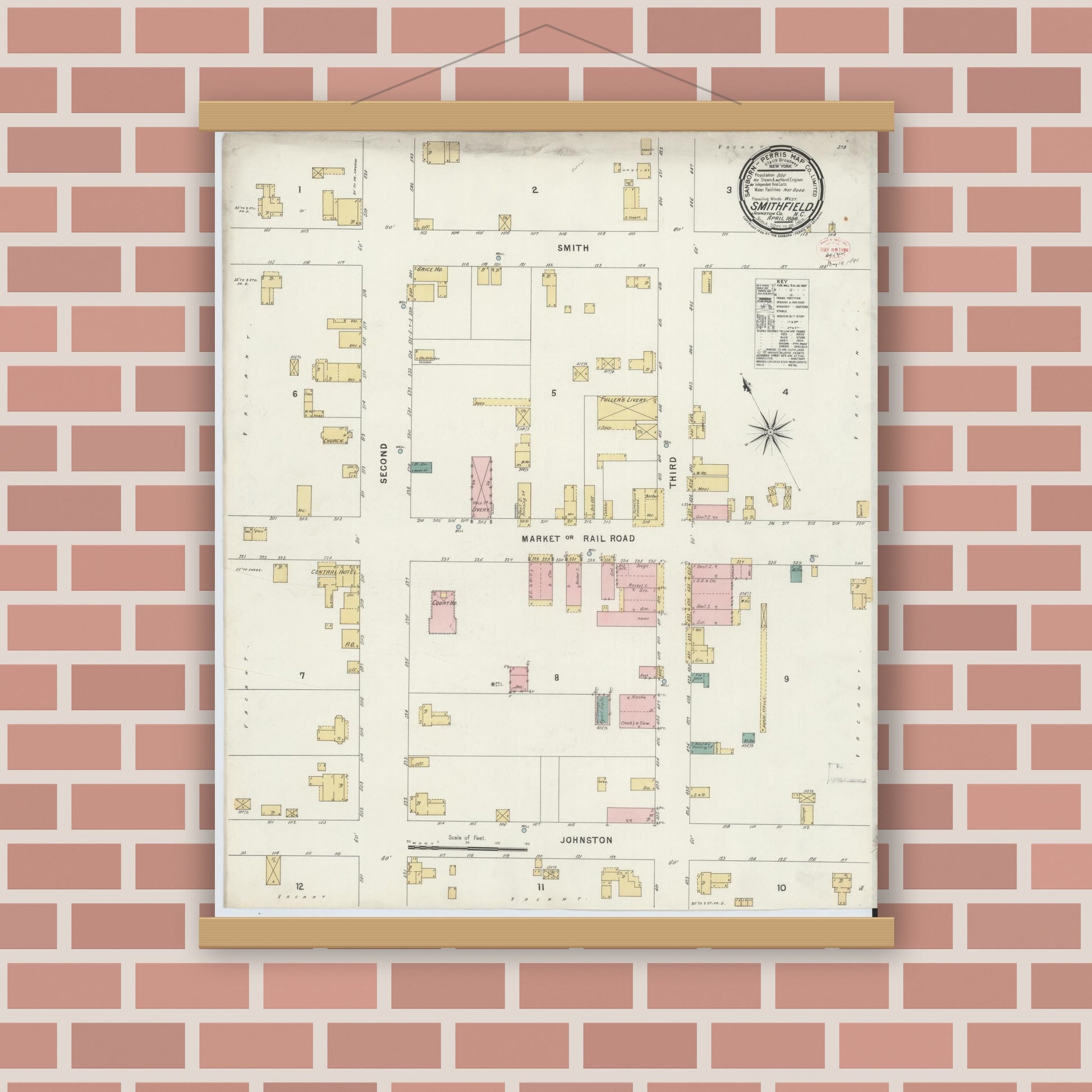 Old map wall art mockup — magnetic wood frame on brick wall — Sanborn Fire Insurance Map from Smithfield, Johnston County, North Carolina (1896), Sheet #0001