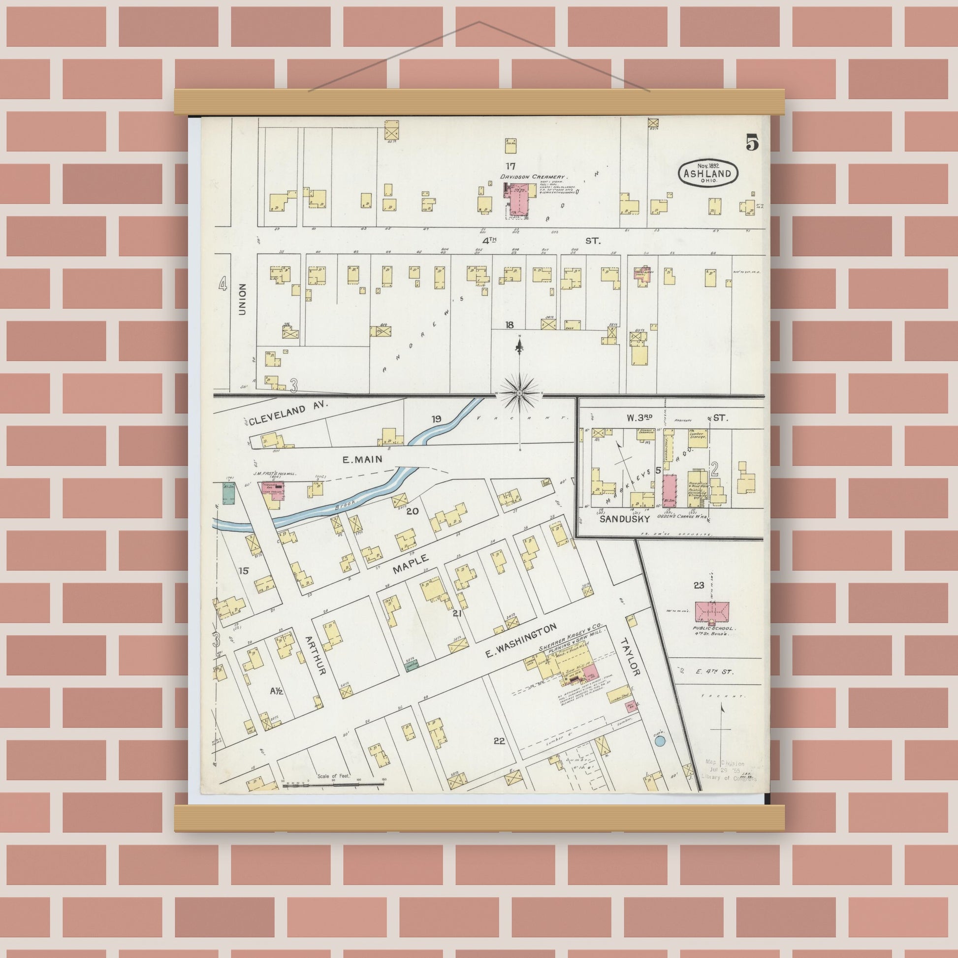 Old map wall art mockup — magnetic wood frame on brick wall — Sanborn Fire Insurance Map from Ashland, Ashland County, Ohio (1893), Sheet #0005