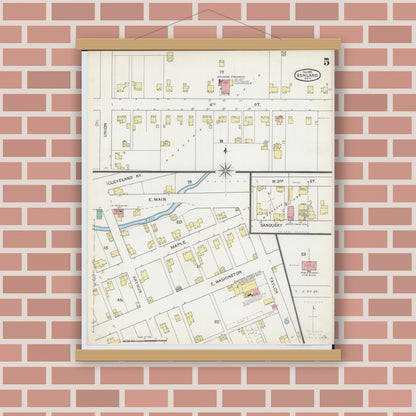 Old map wall art mockup — magnetic wood frame on brick wall — Sanborn Fire Insurance Map from Ashland, Ashland County, Ohio (1893), Sheet #0005