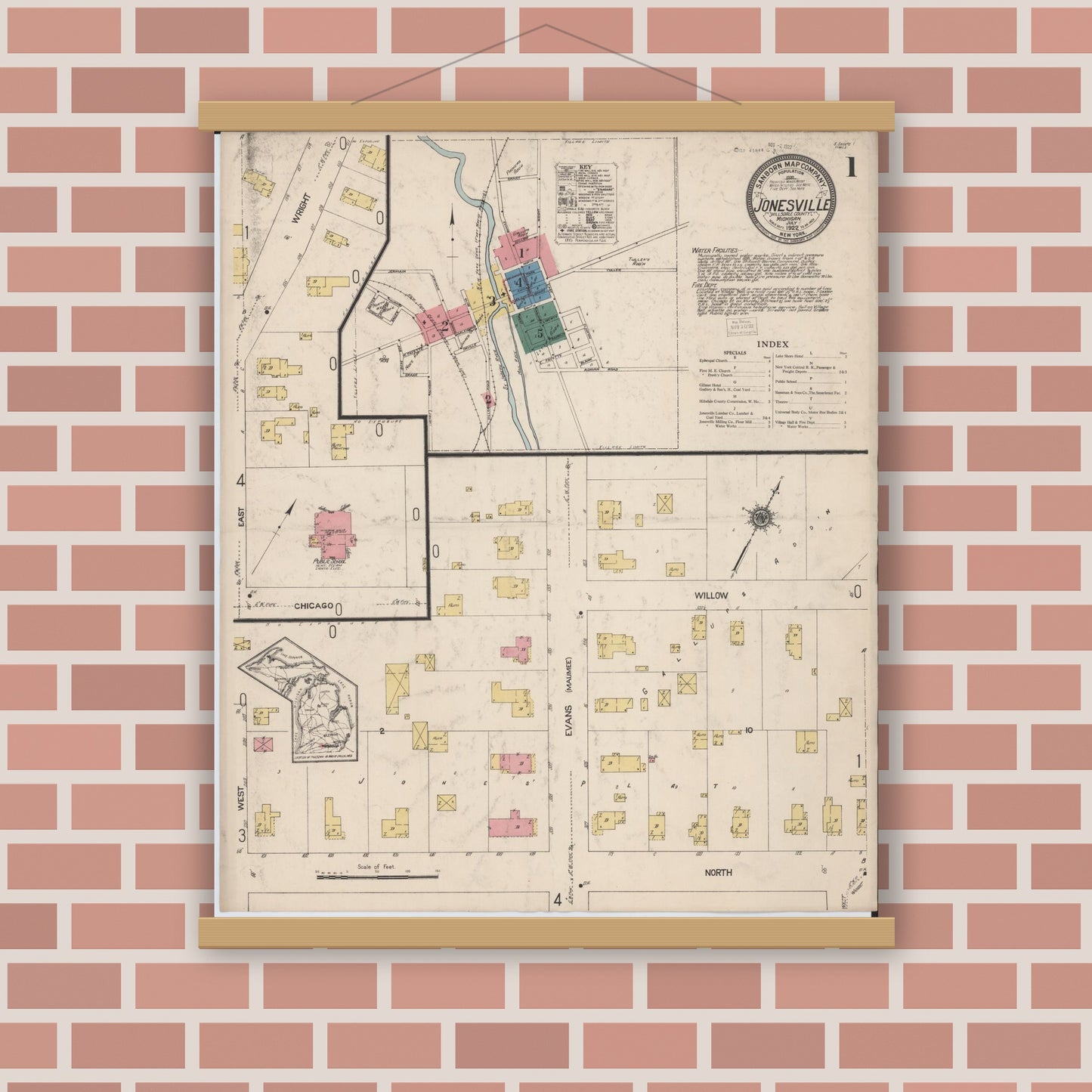 Old map wall art mockup — magnetic wood frame on brick wall — Sanborn Fire Insurance Map from Jonesville, Hillsdale County, Michigan (1922) - Complete Map Set