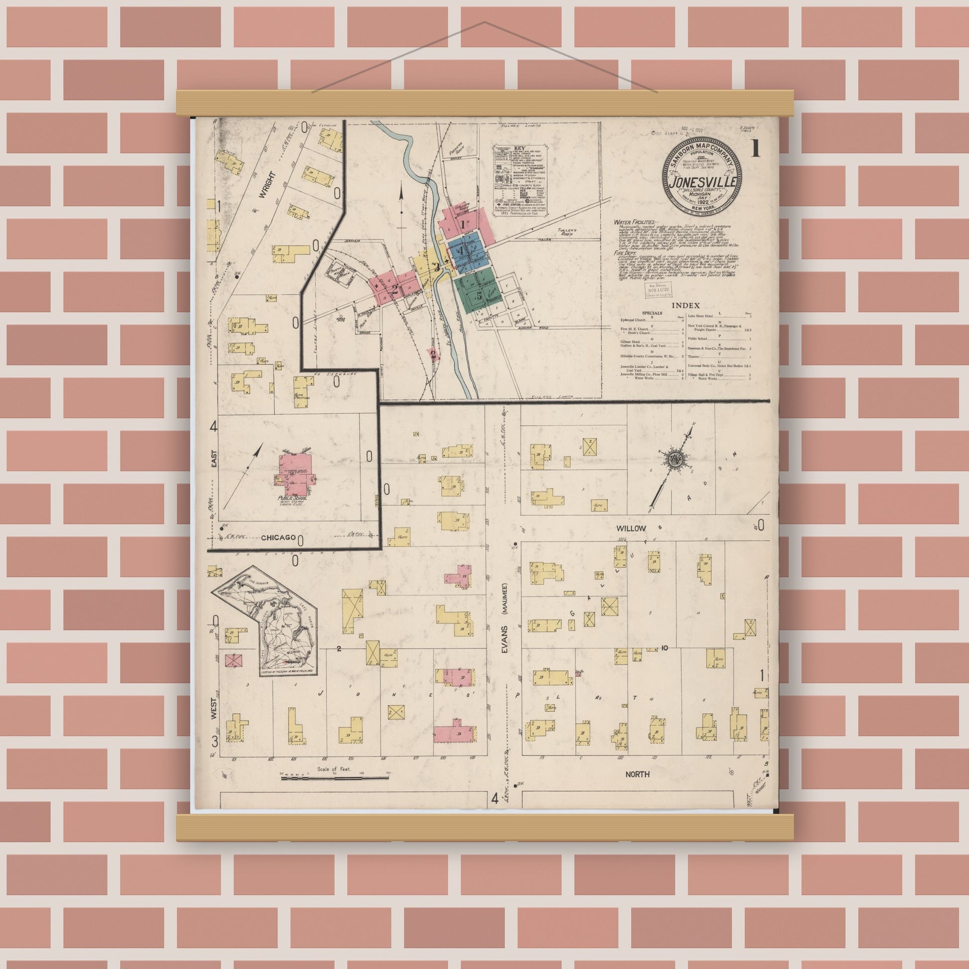 Old map wall art mockup — magnetic wood frame on brick wall — Sanborn Fire Insurance Map from Jonesville, Hillsdale County, Michigan (1922) - Complete Map Set