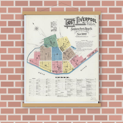 Old map wall art mockup — magnetic wood frame on brick wall — Sanborn Fire Insurance Map from East Liverpool, Columbiana County, Ohio (1892), Sheet #0001