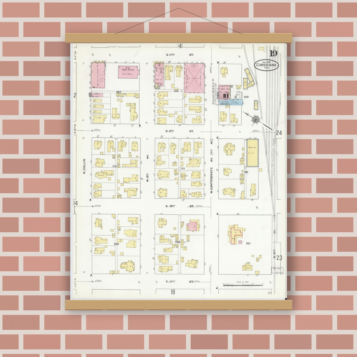 Old map wall art mockup — magnetic wood frame on brick wall — Sanborn Map from Corsicana, Navarro County, Texas (1910), Sheet #0019