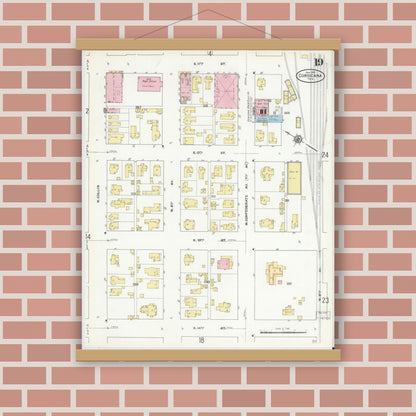 Old map wall art mockup — magnetic wood frame on brick wall — Sanborn Map from Corsicana, Navarro County, Texas (1910), Sheet #0019