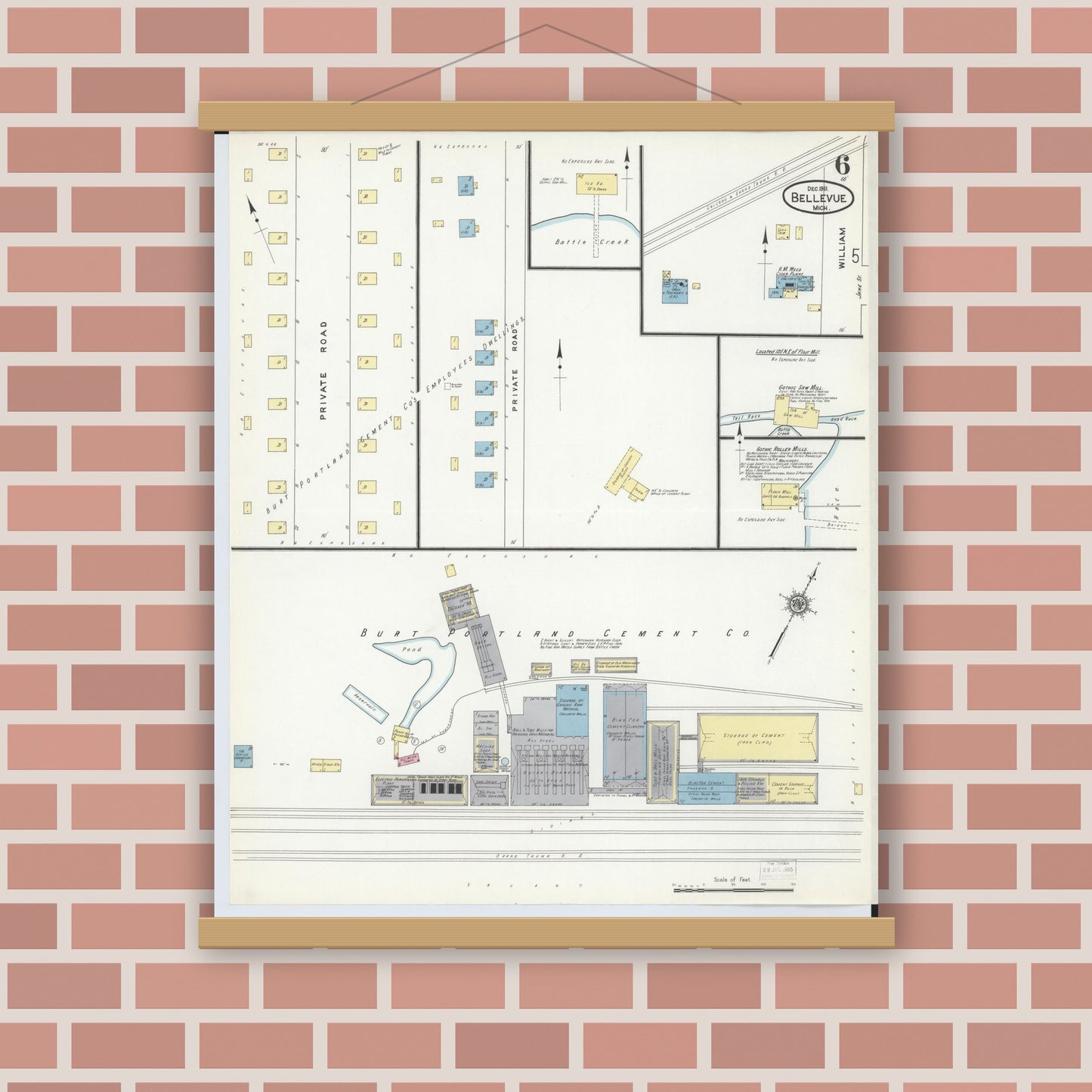 Old map wall art mockup — magnetic wood frame on brick wall — Sanborn Fire Insurance Map from Bellevue, Eaton County, Michigan (1911), Sheet #0006
