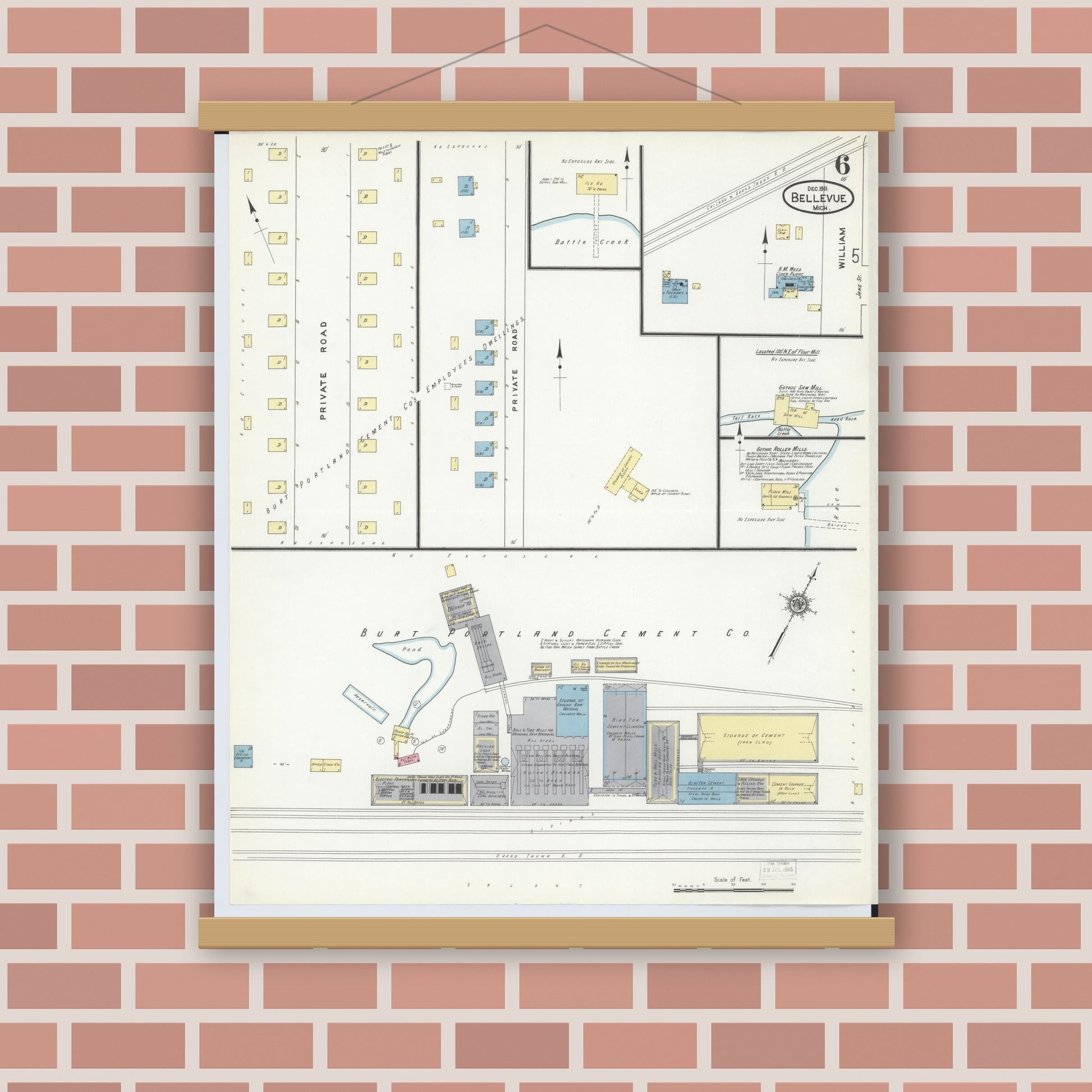 Old map wall art mockup — magnetic wood frame on brick wall — Sanborn Fire Insurance Map from Bellevue, Eaton County, Michigan (1911), Sheet #0006
