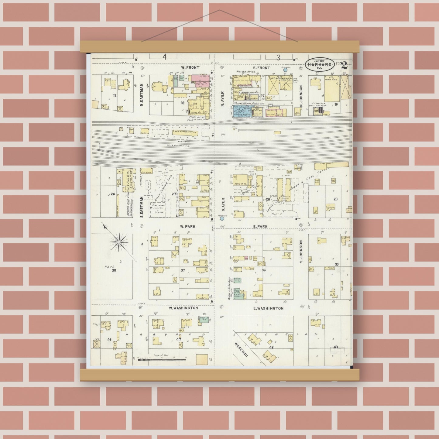 Old map wall art mockup — magnetic wood frame on brick wall — Sanborn Fire Insurance Map from Harvard, McHenry County, Illinois (1897), Sheet #0002
