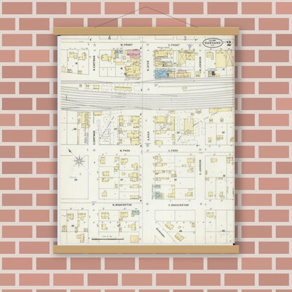 Old map wall art mockup — magnetic wood frame on brick wall — Sanborn Fire Insurance Map from Harvard, McHenry County, Illinois (1897), Sheet #0002