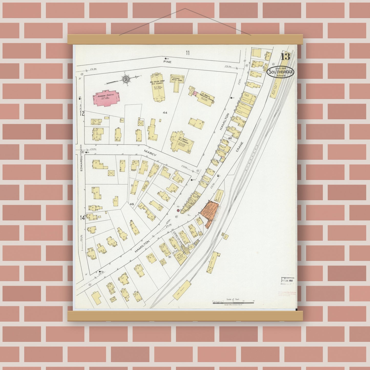 Old map wall art mockup — magnetic wood frame on brick wall — Sanborn Fire Insurance Map from Southbridge, Worcester County, Massachusetts (1918), Sheet #0013