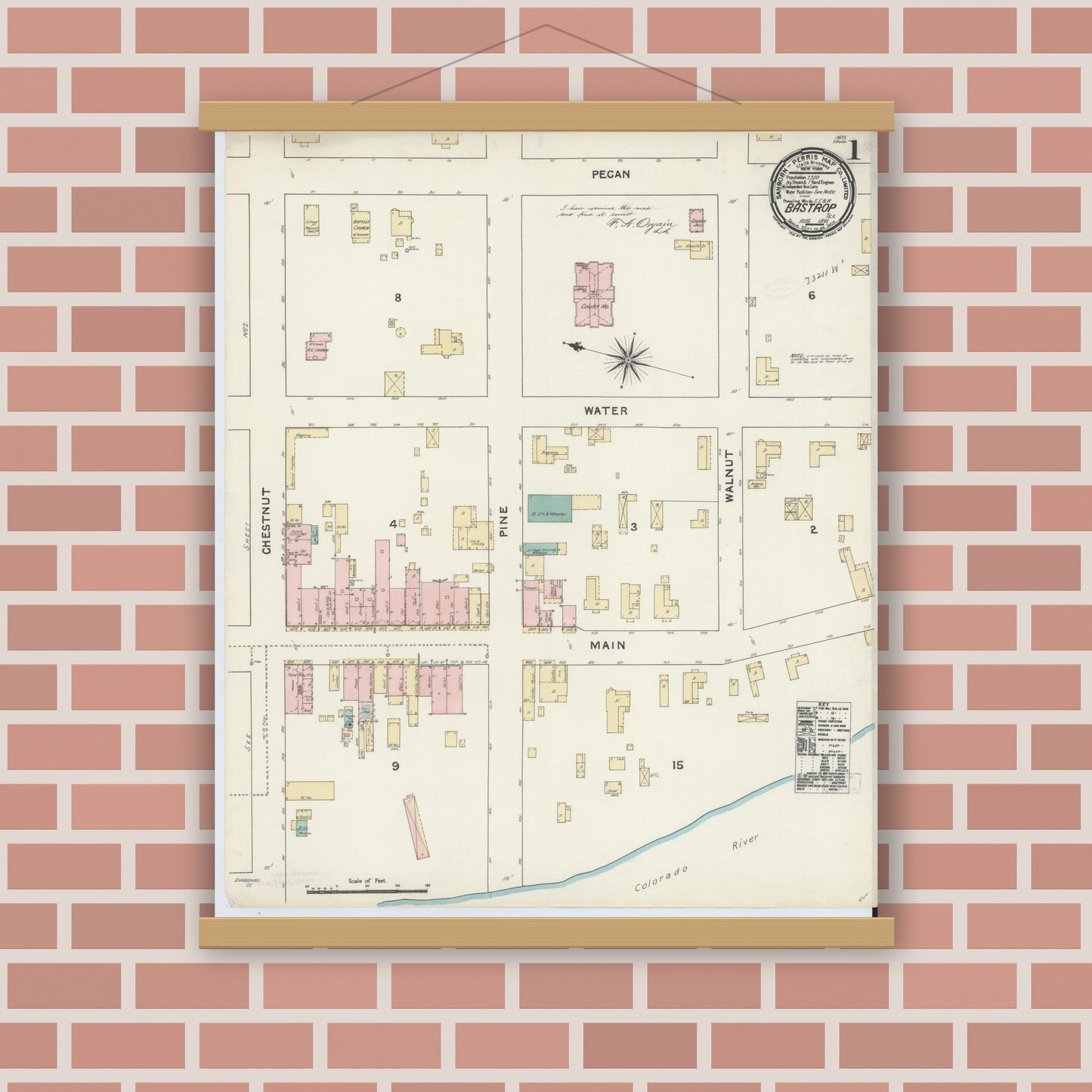 Old map wall art mockup — magnetic wood frame on brick wall — Sanborn Fire Insurance Map from Bastrop, Bastrop County, Texas (1891), Sheet #0001