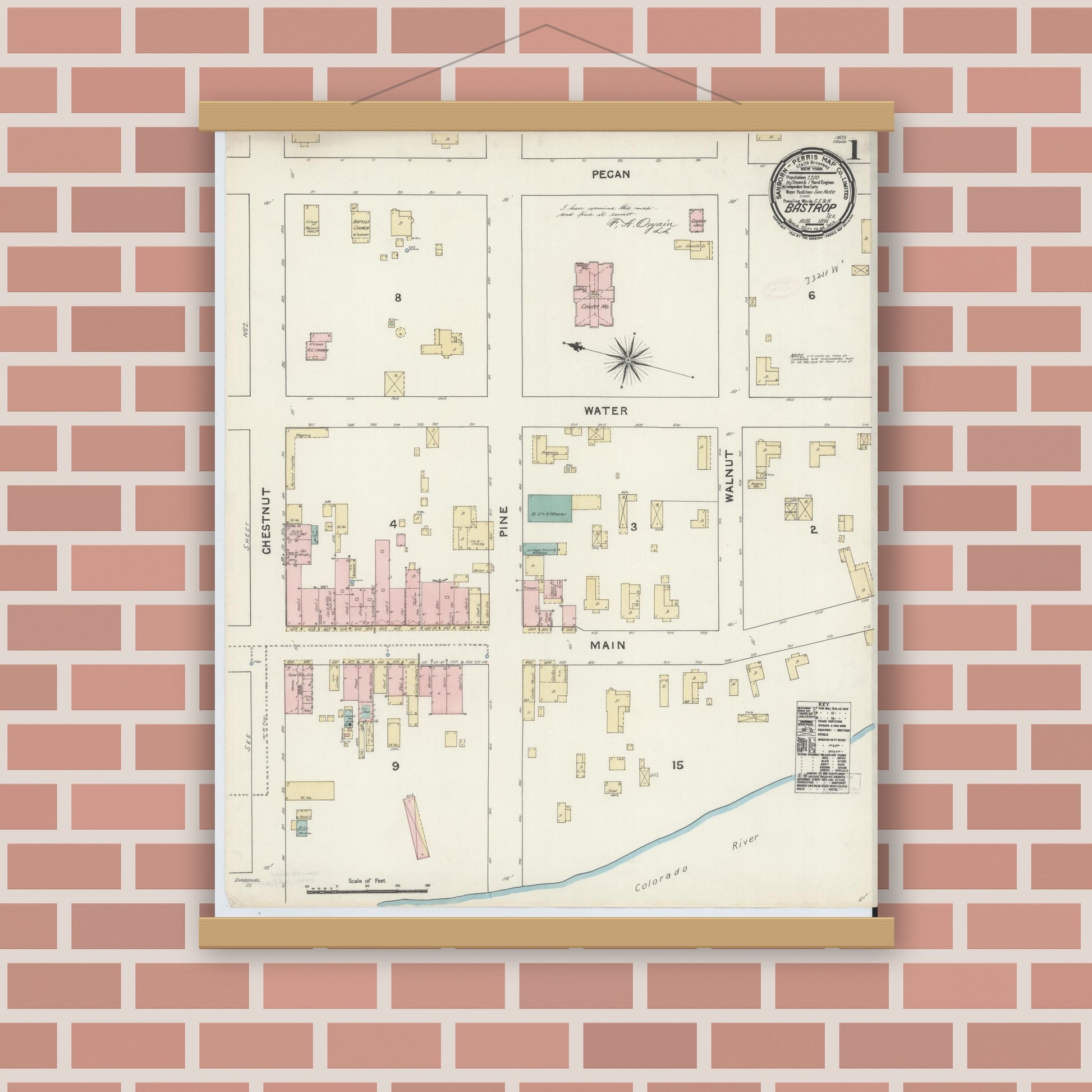 Old map wall art mockup — magnetic wood frame on brick wall — Sanborn Fire Insurance Map from Bastrop, Bastrop County, Texas (1891), Sheet #0001