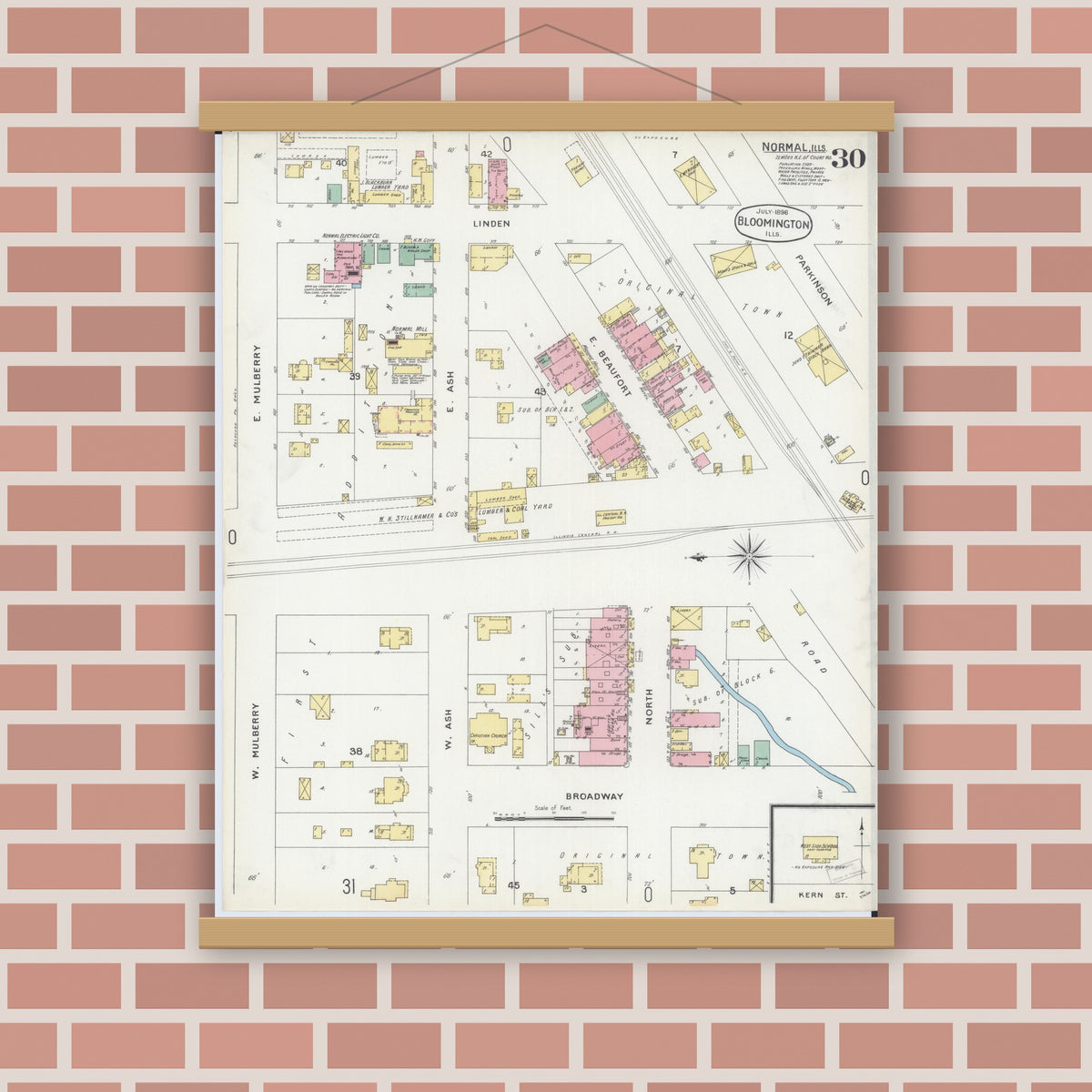 Old map wall art mockup — magnetic wood frame on brick wall — Sanborn Fire Insurance Map from Bloomington, McLean County, Illinois (1896), Sheet #0030