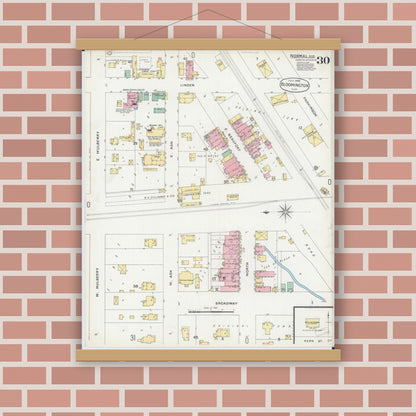 Old map wall art mockup — magnetic wood frame on brick wall — Sanborn Fire Insurance Map from Bloomington, McLean County, Illinois (1896), Sheet #0030