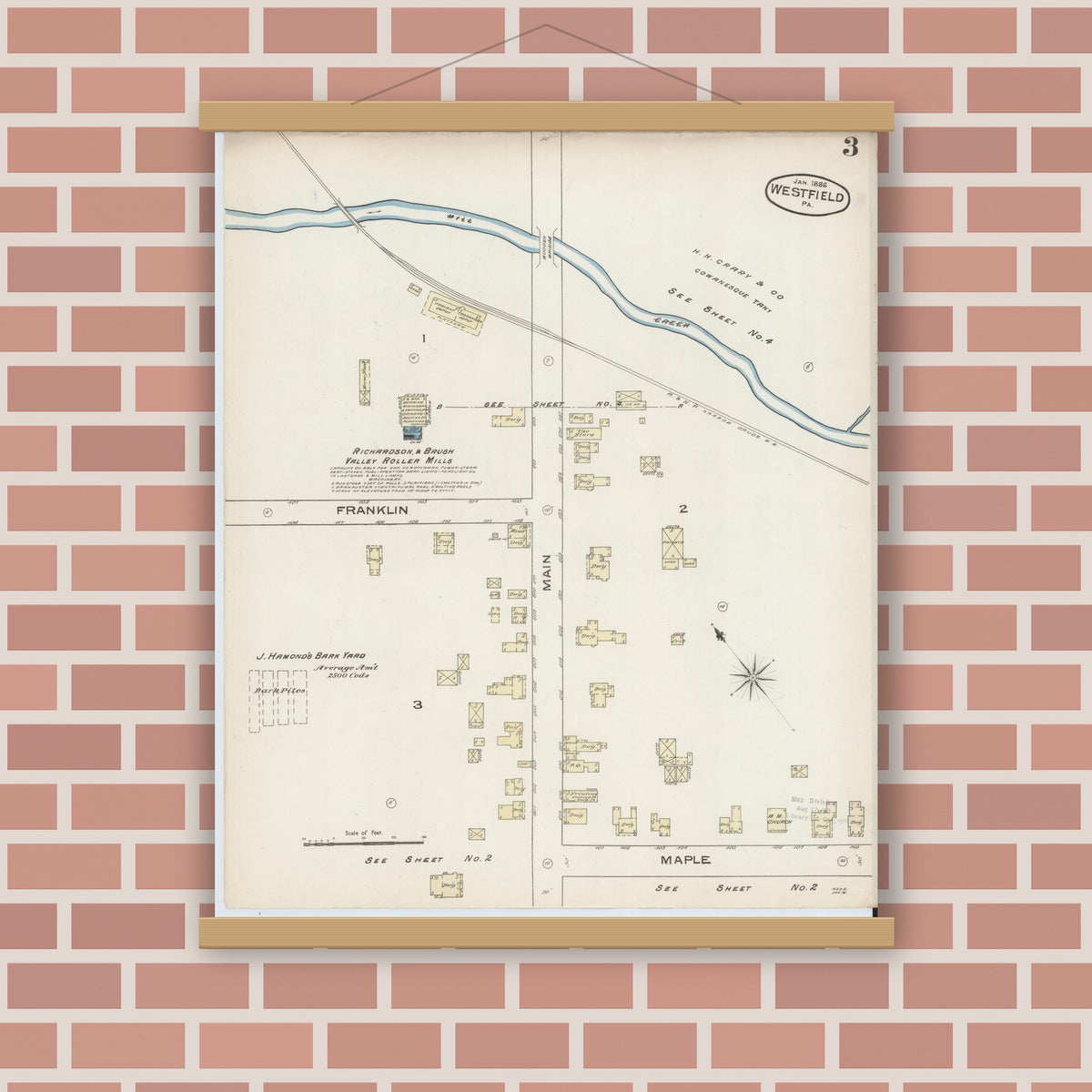 Old map wall art mockup — magnetic wood frame on brick wall — Sanborn Fire Insurance Map from Westfield, Tioga County, Pennsylvania (1886), Sheet #0003