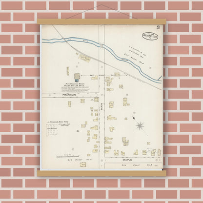 Old map wall art mockup — magnetic wood frame on brick wall — Sanborn Fire Insurance Map from Westfield, Tioga County, Pennsylvania (1886), Sheet #0003