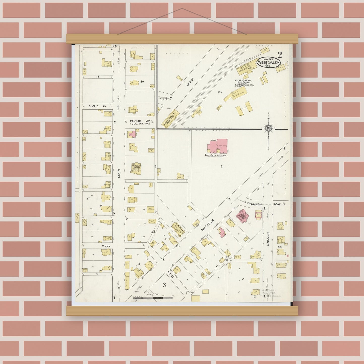 Old map wall art mockup — magnetic wood frame on brick wall — Sanborn Fire Insurance Map from West Salem, Wayne County, Ohio (1915), Sheet #0002