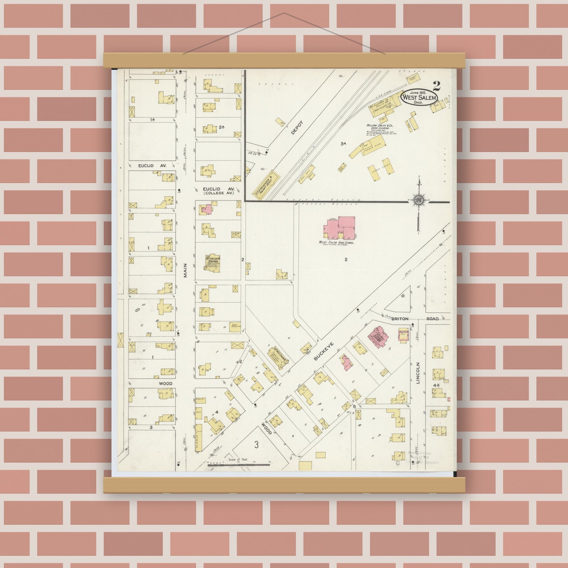 Old map wall art mockup — magnetic wood frame on brick wall — Sanborn Fire Insurance Map from West Salem, Wayne County, Ohio (1915), Sheet #0002