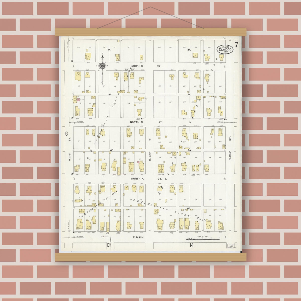 Old map wall art mockup — magnetic wood frame on brick wall — Sanborn Fire Insurance Map from Elwood, Madison County, Indiana (1910), Sheet #0007