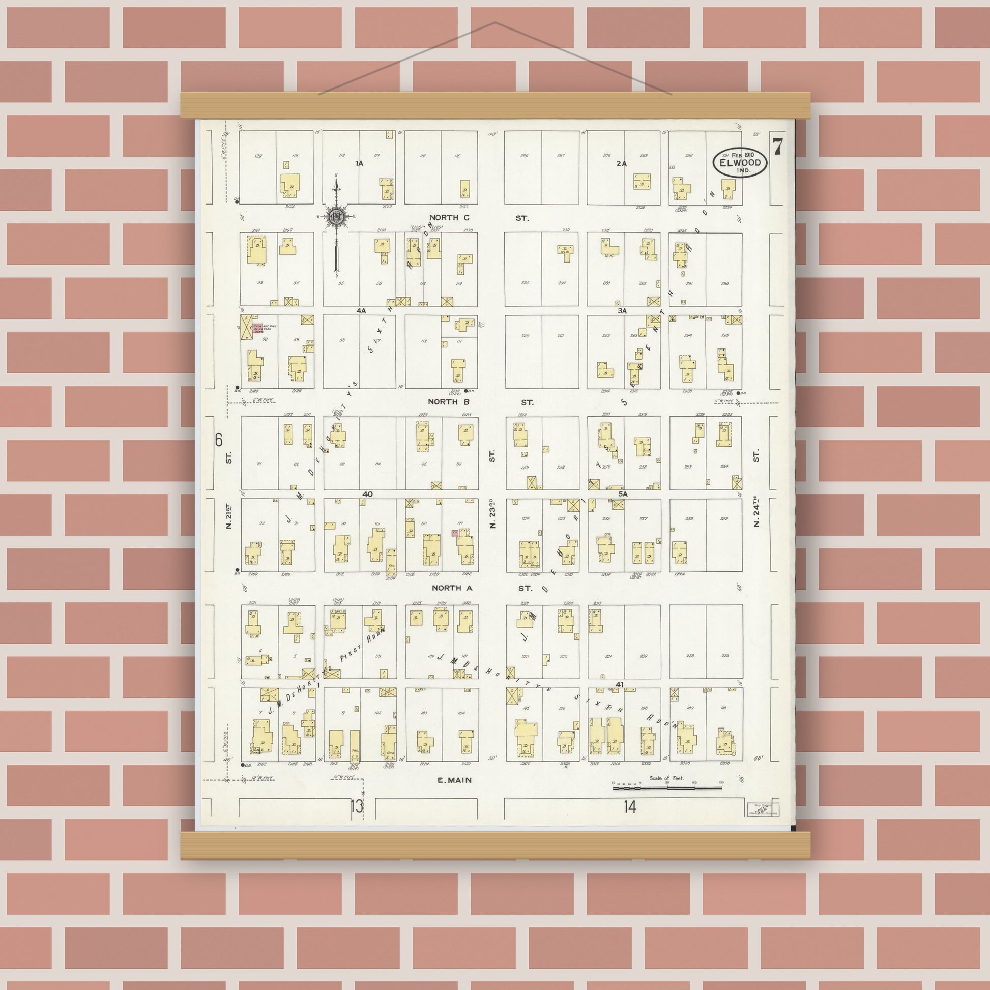 Old map wall art mockup — magnetic wood frame on brick wall — Sanborn Fire Insurance Map from Elwood, Madison County, Indiana (1910), Sheet #0007