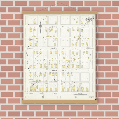 Old map wall art mockup — magnetic wood frame on brick wall — Sanborn Fire Insurance Map from Elwood, Madison County, Indiana (1910), Sheet #0007