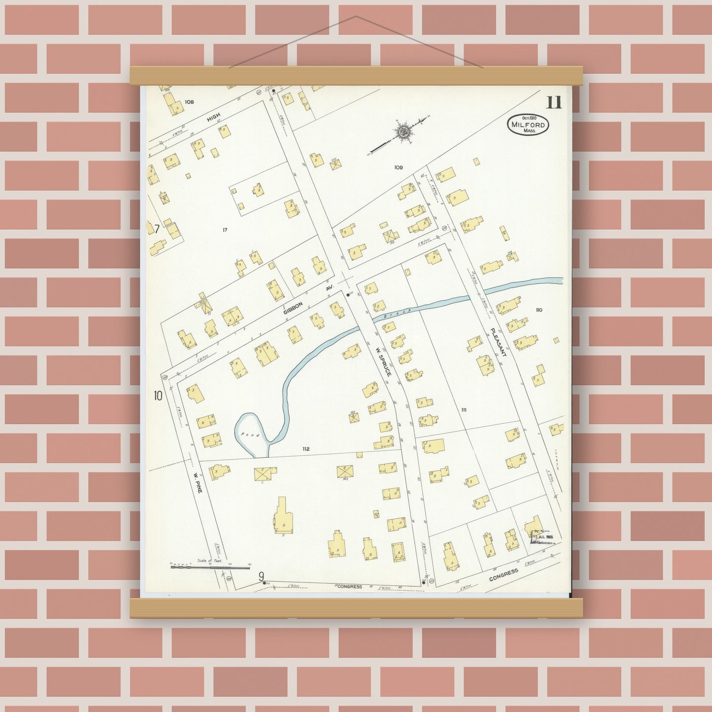 Old map wall art mockup — magnetic wood frame on brick wall — Sanborn Fire Insurance Map from Milford, Worcester County, Massachusetts (1910), Sheet #0011