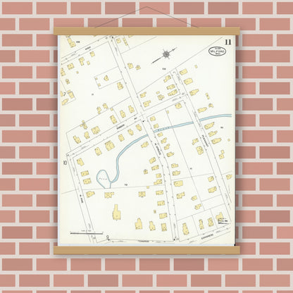 Old map wall art mockup — magnetic wood frame on brick wall — Sanborn Fire Insurance Map from Milford, Worcester County, Massachusetts (1910), Sheet #0011