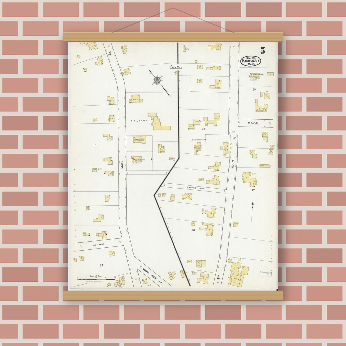 Old map wall art mockup — magnetic wood frame on brick wall — Sanborn Fire Insurance Map from Barnstable, Barnstable County, Massachusetts (1916), Sheet #0005
