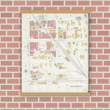 Old map wall art mockup — magnetic wood frame on brick wall — Sanborn Fire Insurance Map from Elwood, Madison County, Indiana (1899), Sheet #0009