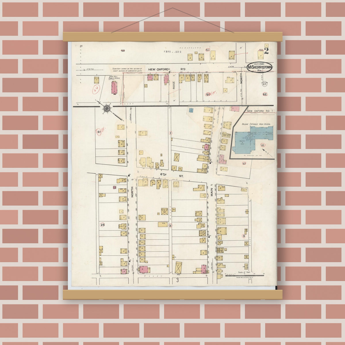 Old map wall art mockup — magnetic wood frame on brick wall — Sanborn Fire Insurance Map from McSherrystown, Adams County, Pennsylvania (1940), Sheet #0002