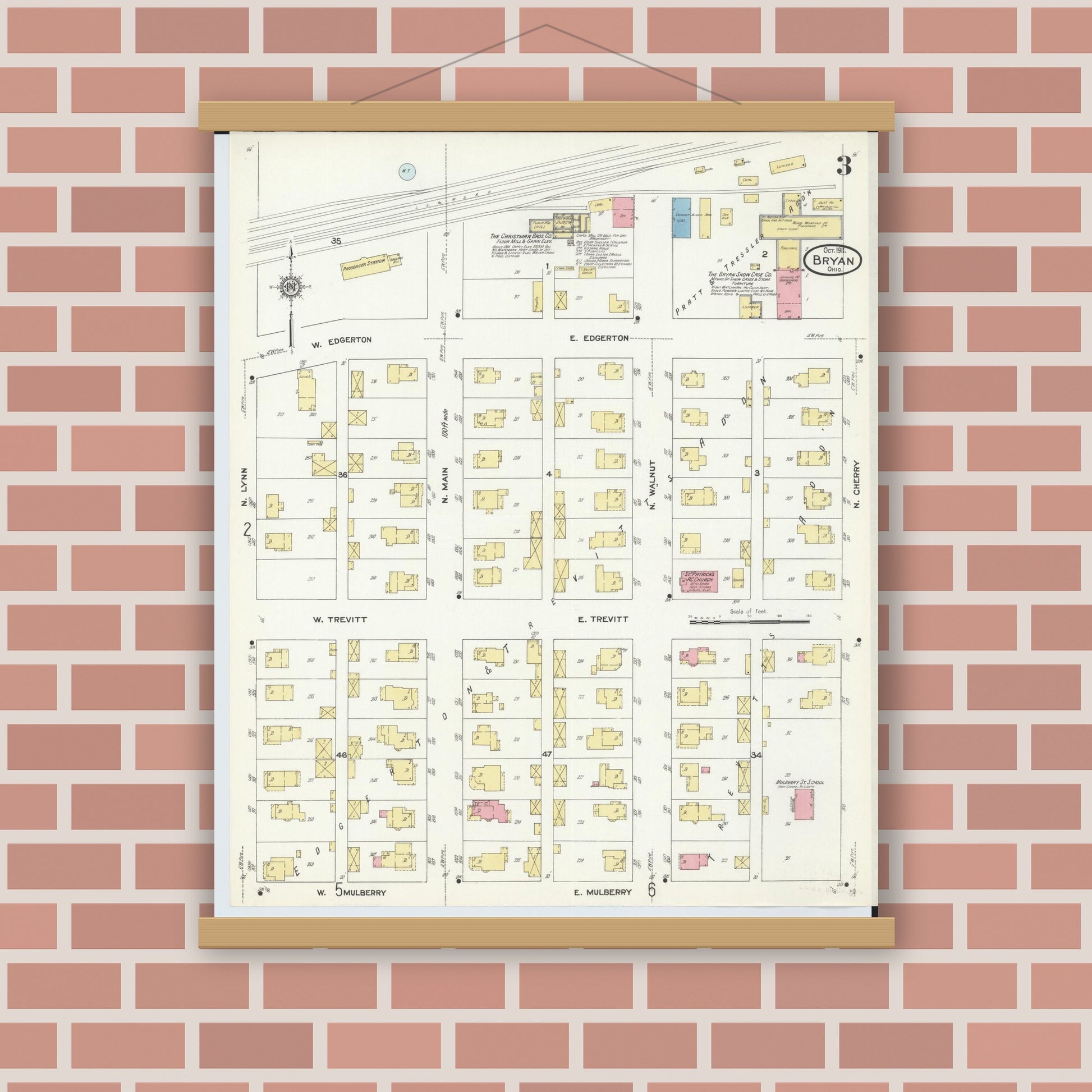 Old map wall art mockup — magnetic wood frame on brick wall — Sanborn Fire Insurance Map from Bryan, Williams County, Ohio (1911), Sheet #0003