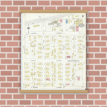 Old map wall art mockup — magnetic wood frame on brick wall — Sanborn Fire Insurance Map from Bryan, Williams County, Ohio (1911), Sheet #0003