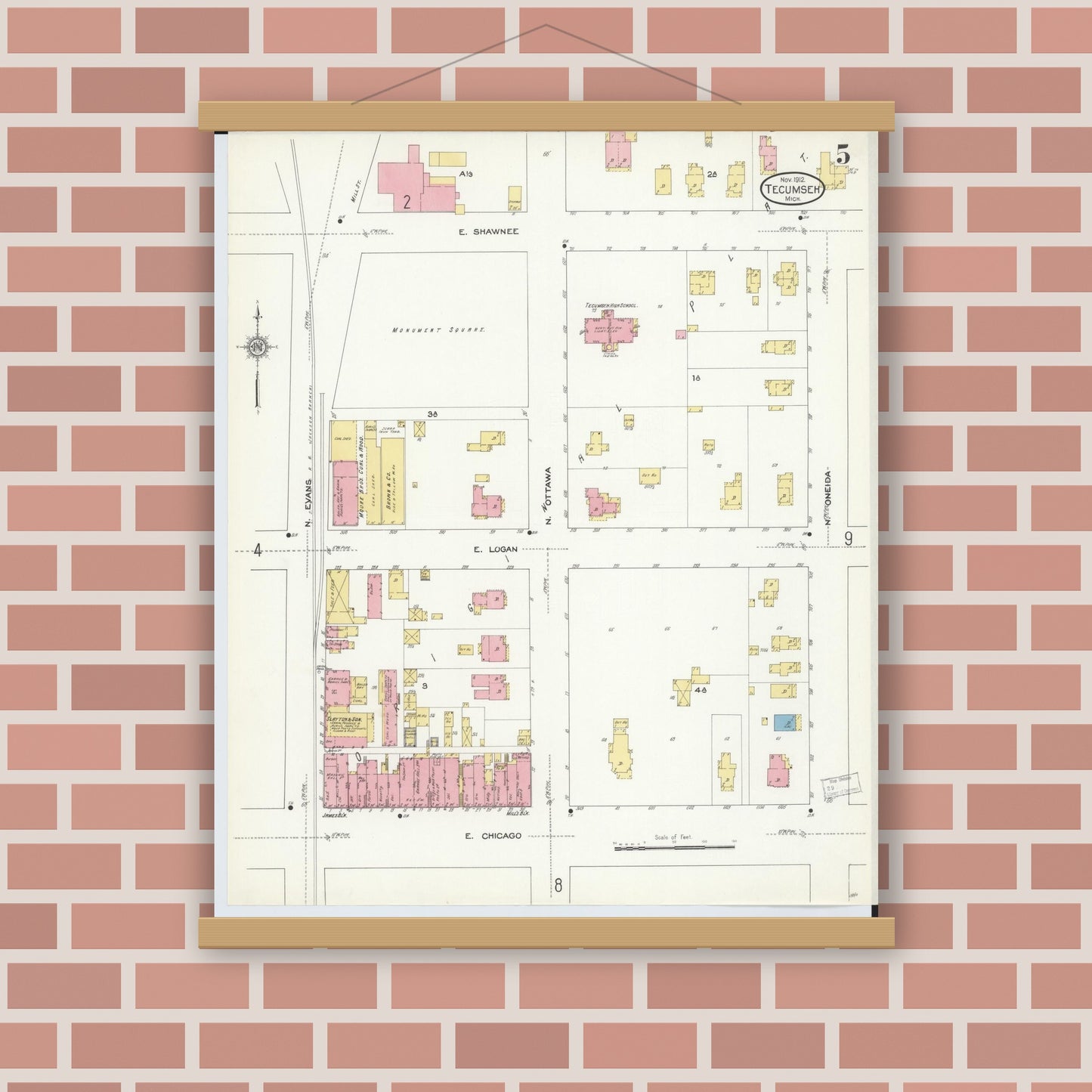 Old map wall art mockup — magnetic wood frame on brick wall — Sanborn Fire Insurance Map from Tecumseh, Lenawee County, Michigan (1912), Sheet #0005