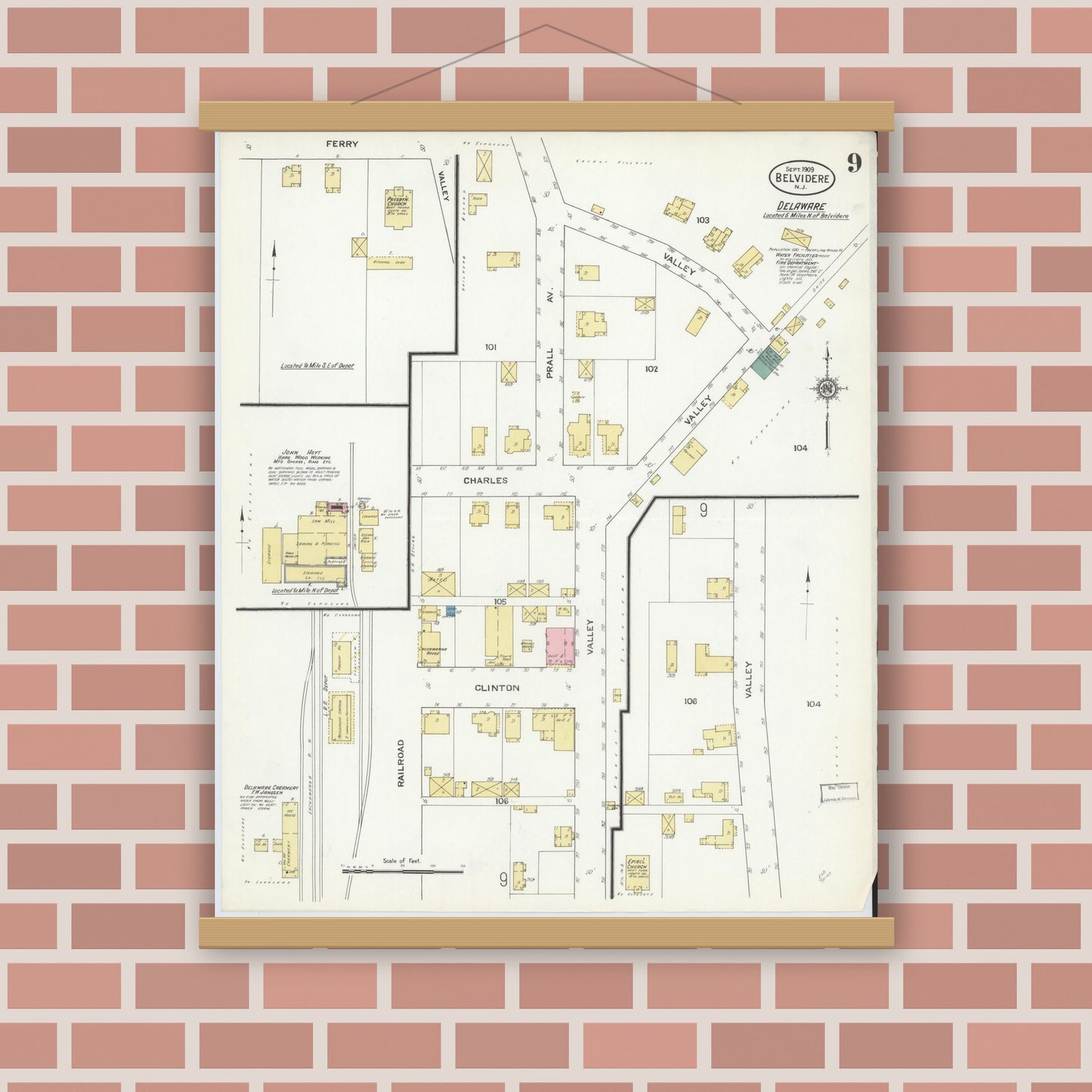 Old map wall art mockup — magnetic wood frame on brick wall — Sanborn Fire Insurance Map from Belvidere, Warren County, New Jersey (1909), Sheet #0009