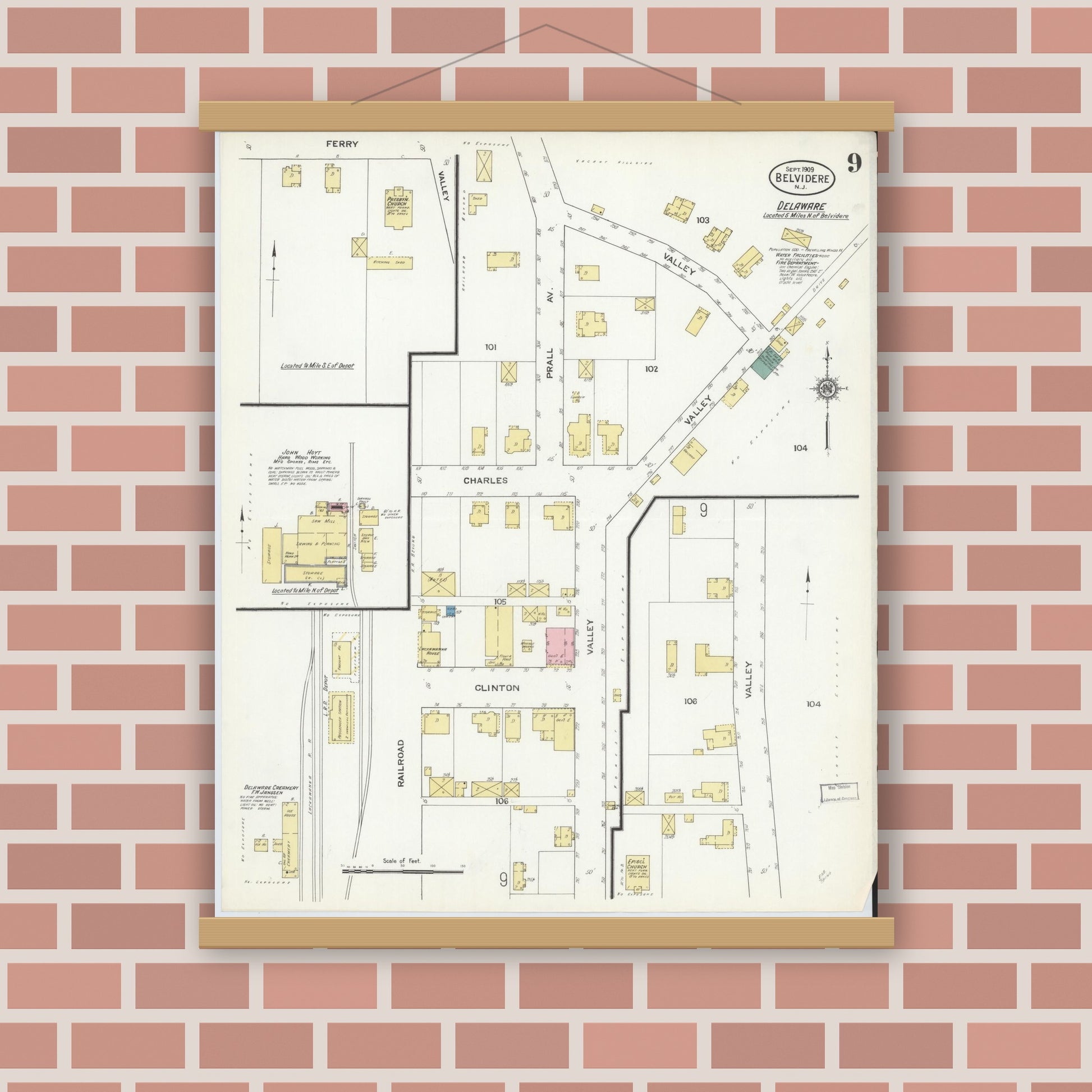Old map wall art mockup — magnetic wood frame on brick wall — Sanborn Fire Insurance Map from Belvidere, Warren County, New Jersey (1909), Sheet #0009