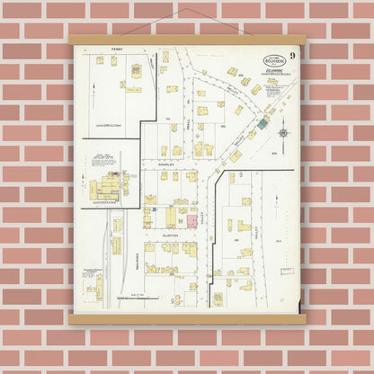 Old map wall art mockup — magnetic wood frame on brick wall — Sanborn Fire Insurance Map from Belvidere, Warren County, New Jersey (1909), Sheet #0009