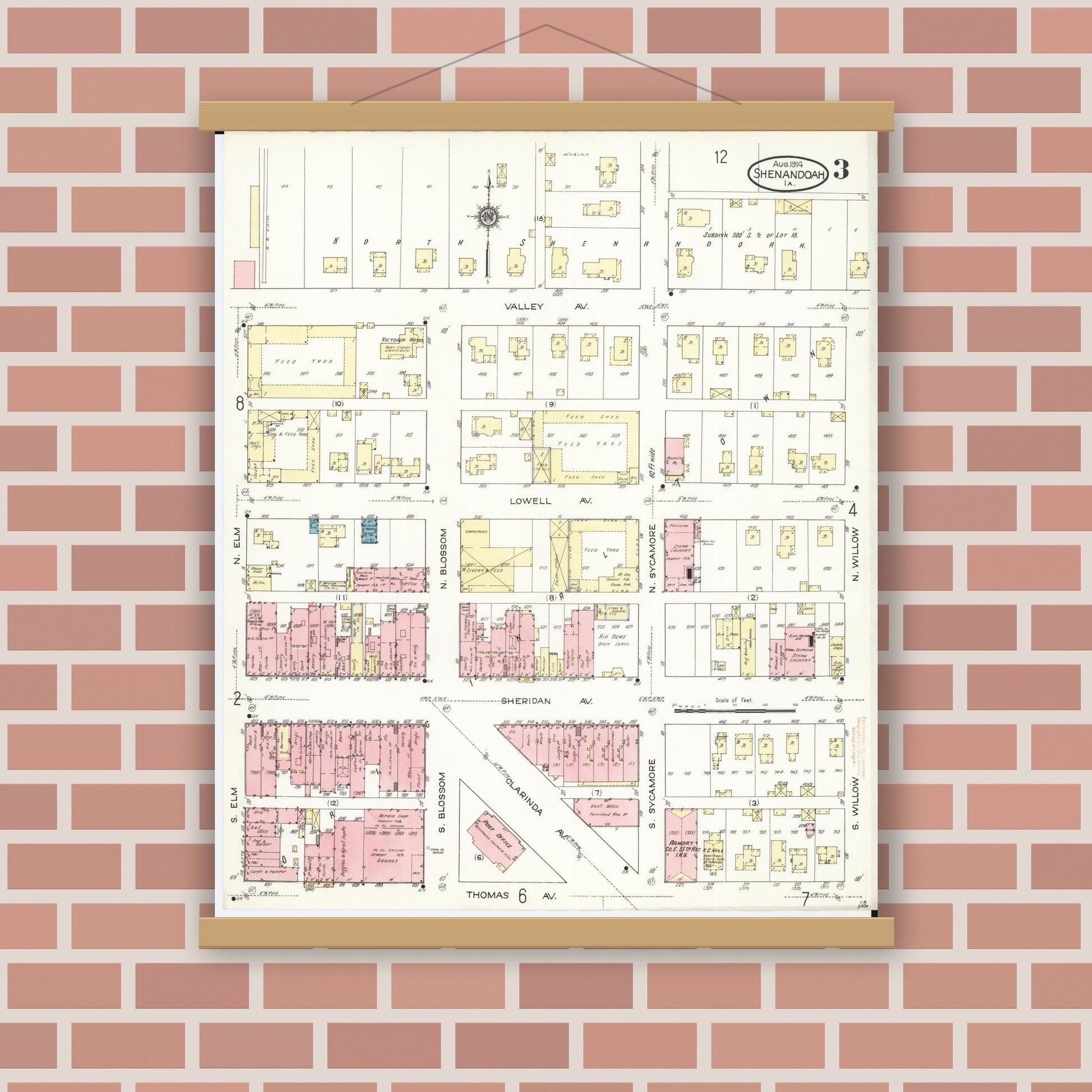 Old map wall art mockup — magnetic wood frame on brick wall — Sanborn Fire Insurance Map from Shenandoah, Page County, Iowa (1914), Sheet #0003