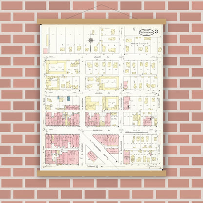 Old map wall art mockup — magnetic wood frame on brick wall — Sanborn Fire Insurance Map from Shenandoah, Page County, Iowa (1914), Sheet #0003